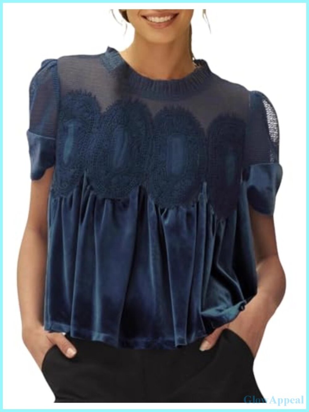 Velvet Lace Blouse Women Short Sleeve Crew Neck Loose Fit Swing Top